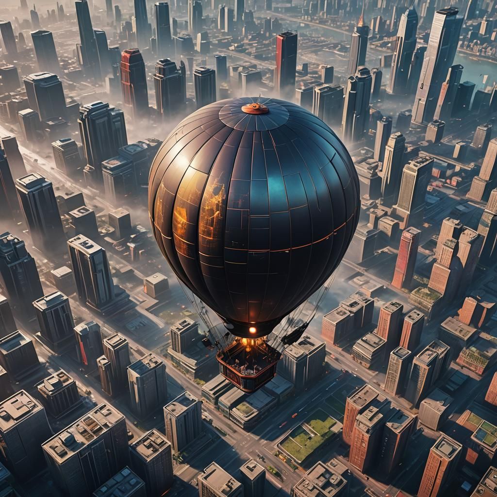 Cyberpunk Hot Air Balloon Over Futuristic City