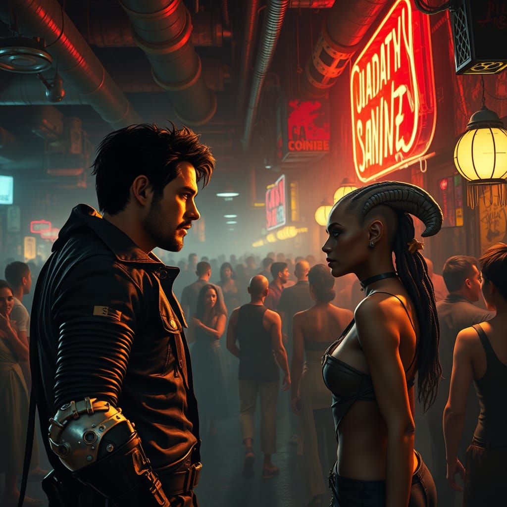 Cyberpunk Spaceport Cantina Scene with Rogue and Alien