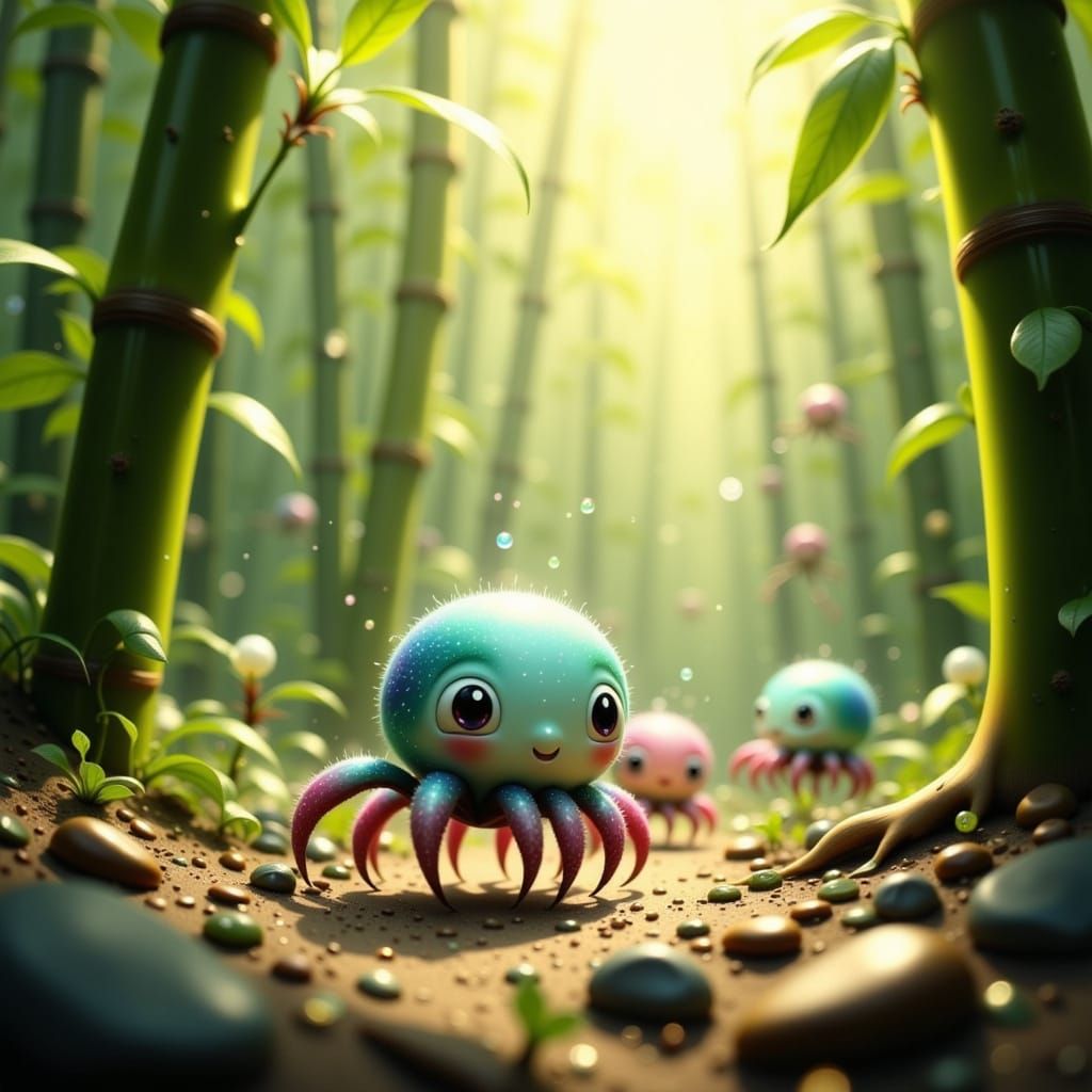 Whimsical Spider-Octopi Play in Sunlit Bamboo Forest