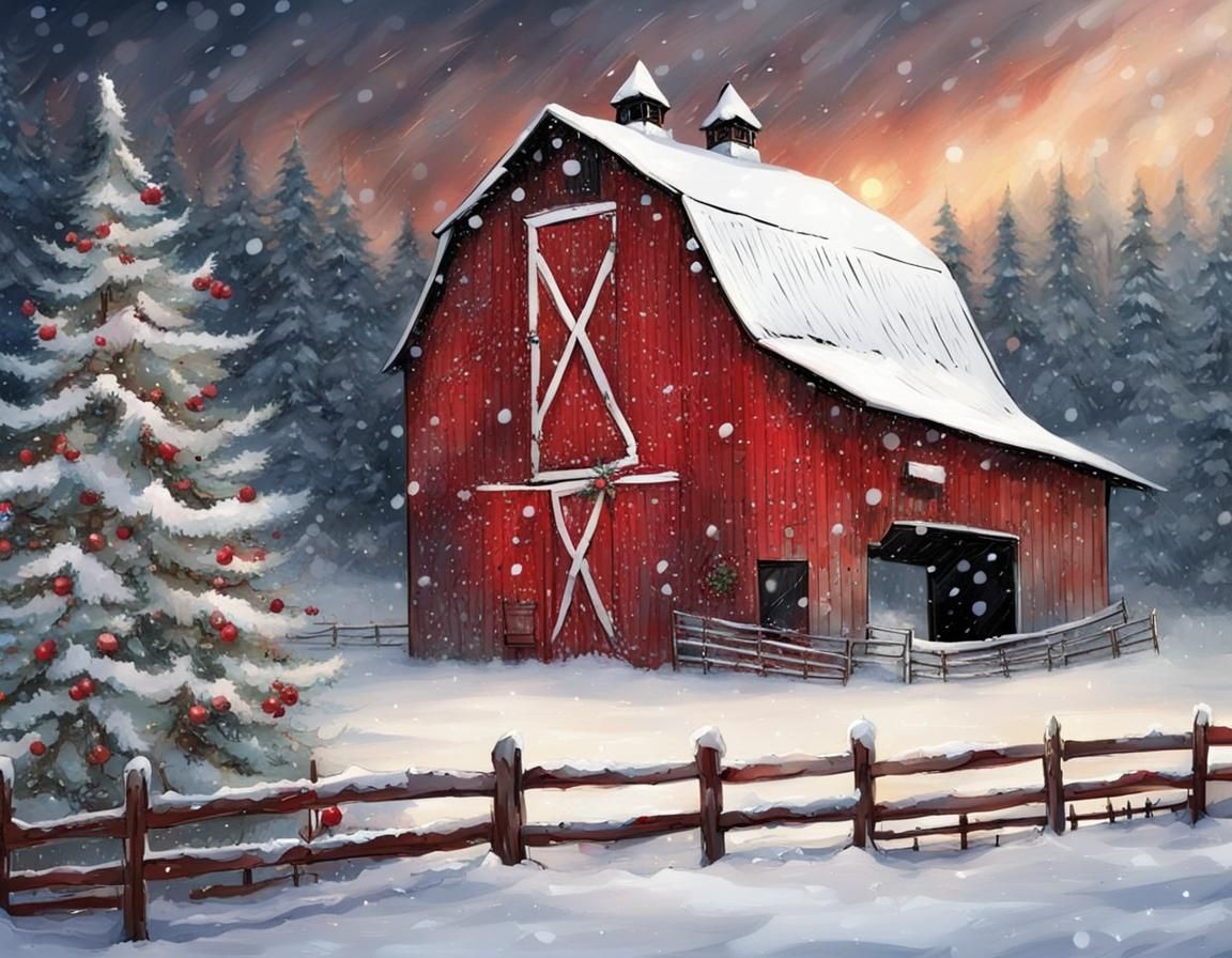 Old Barn Decorated for Christmas in Winter
