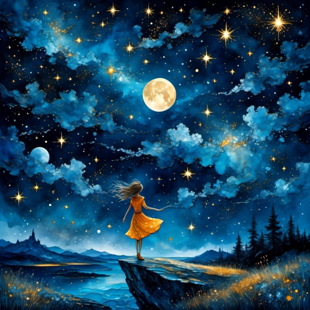 Celestial Night Sky: Girl Writing in Book