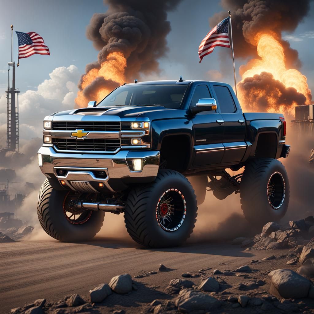 Lifted Silverado Truck with Battle Flags in Detailed Matte P...