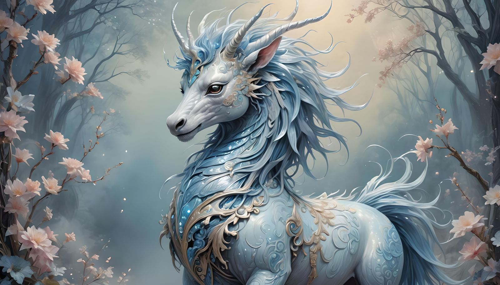 Ethereal Blue Kirin Fantasy Illustration