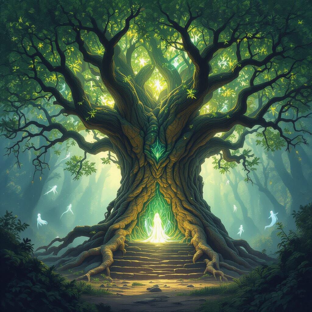Ancient Tree Throne with Bioluminescent Leaves in Mystical F...
