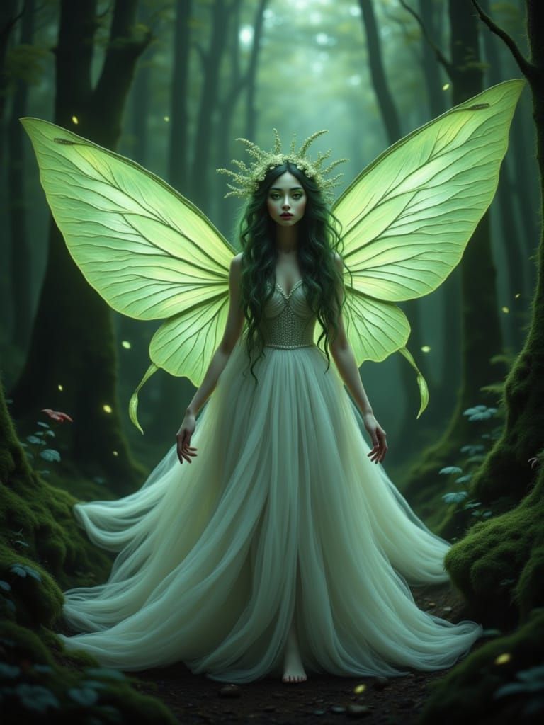 Moth Princess with Green Eyes in Deep, Detailed Night Scene