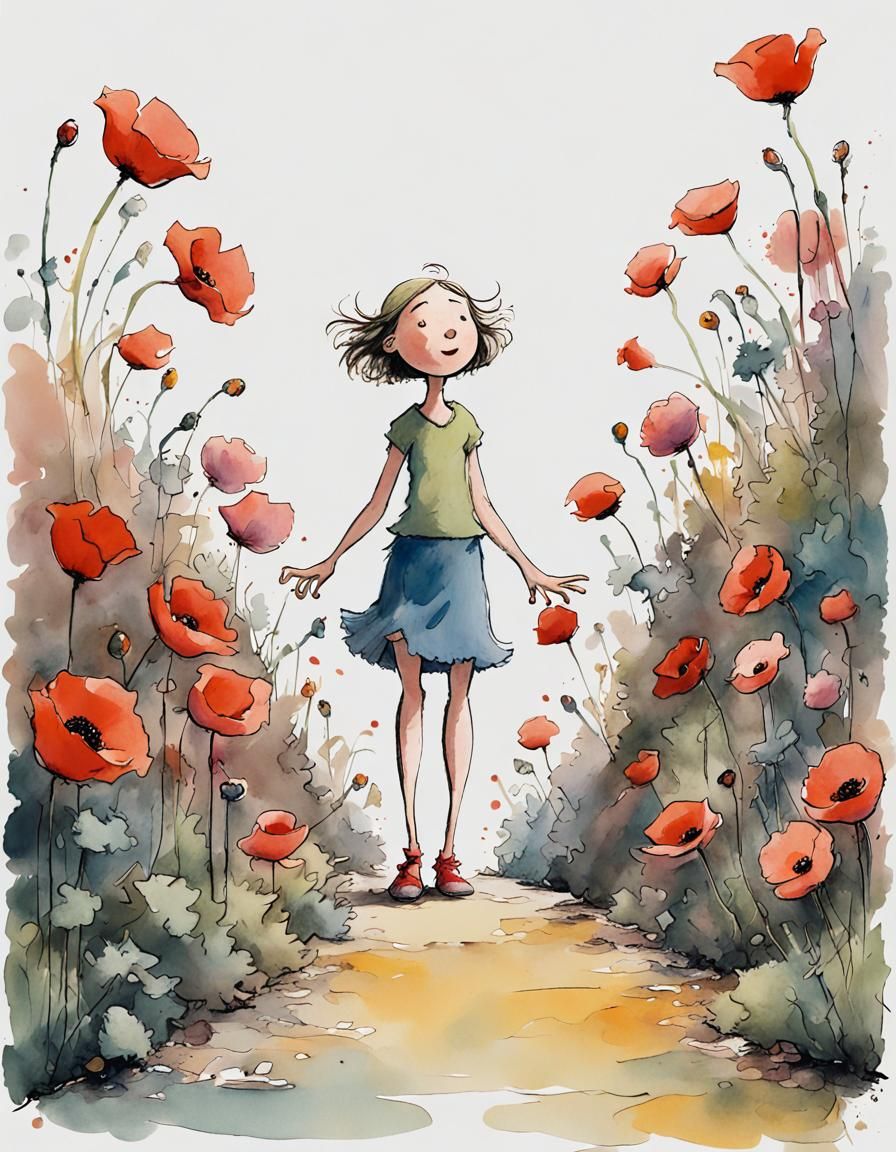 Girl Among Poppies in Illustrated Style