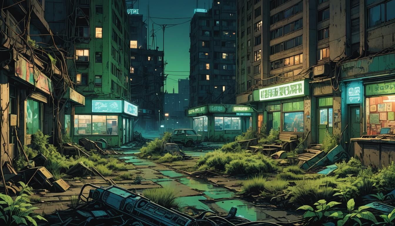 Cyberpunk Comic Book Art in Dystopian City