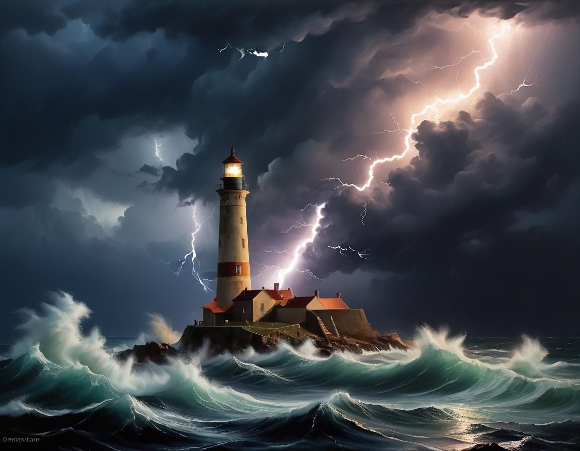 Stormy Seas: Lighthouse Struck by Lightning