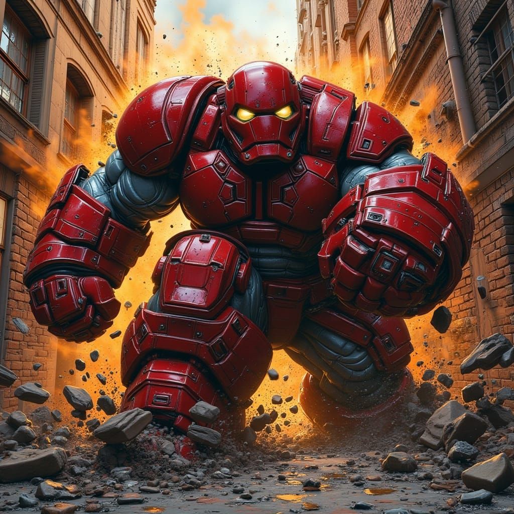 Juggernaut Unleashed: Crimson Power Armor Crushing Wall