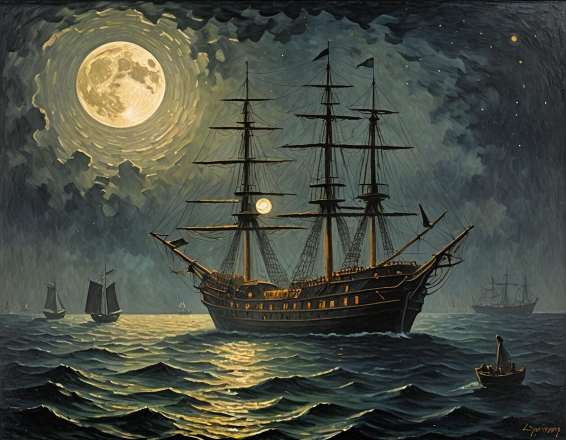 Ghost Ship on Dark Sea in Pointillist Style