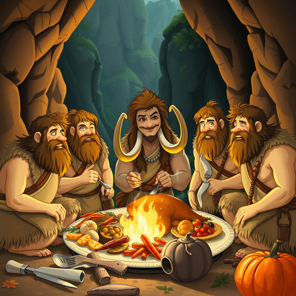 Cavemen Thanksgiving Feast in Rockwell Style