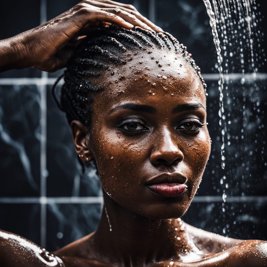 Sensual Black African Woman in Shower, High-Key Portrait Pho...