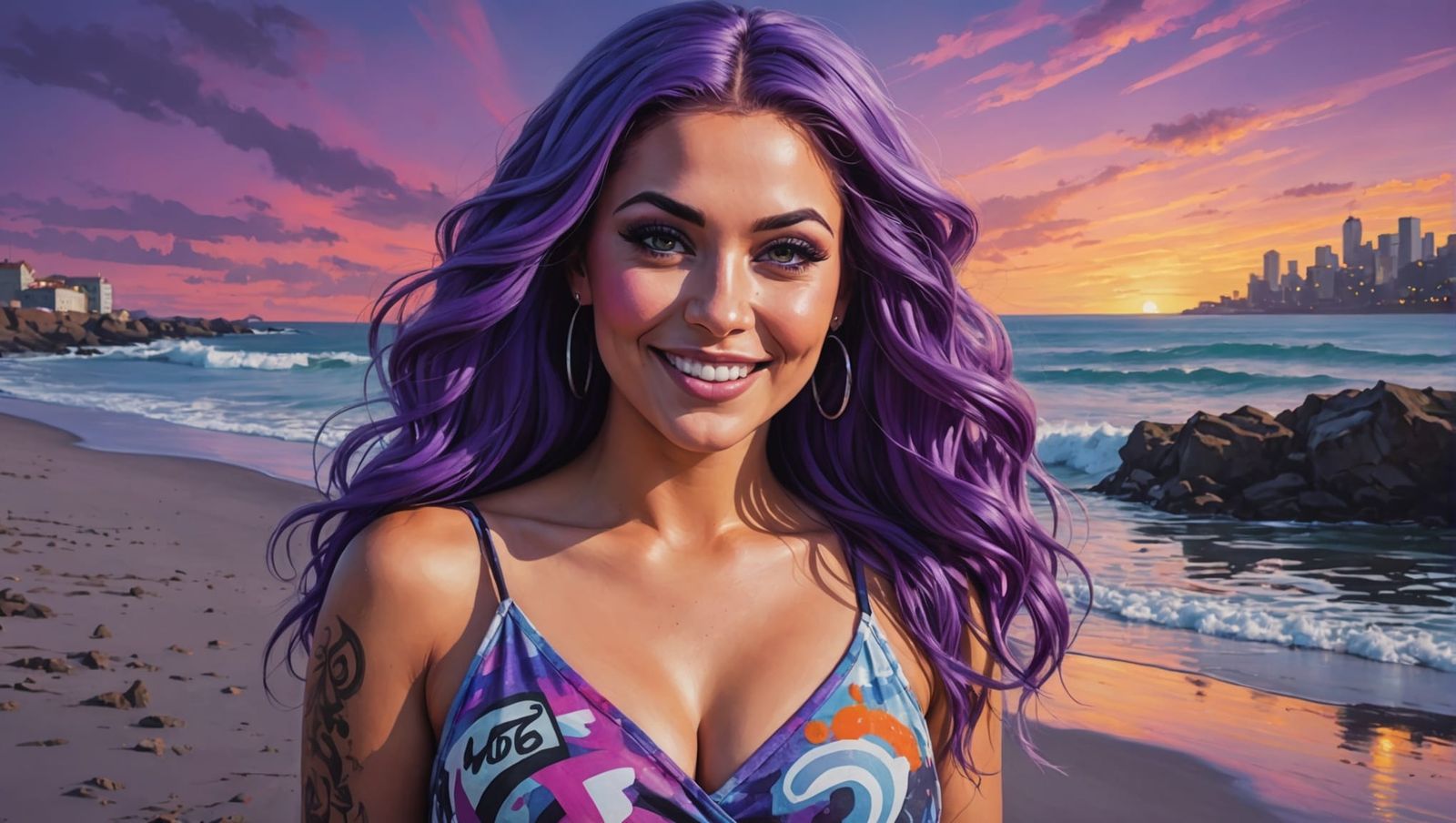 Twilight Beach Beauty in Graffiti Art Style