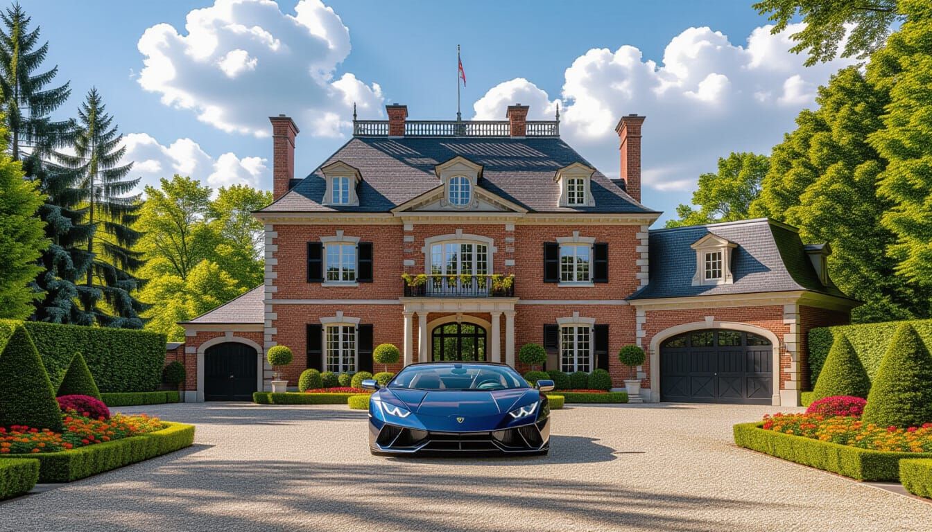 Victorian Chateau with Lamborghini in Summer Garden