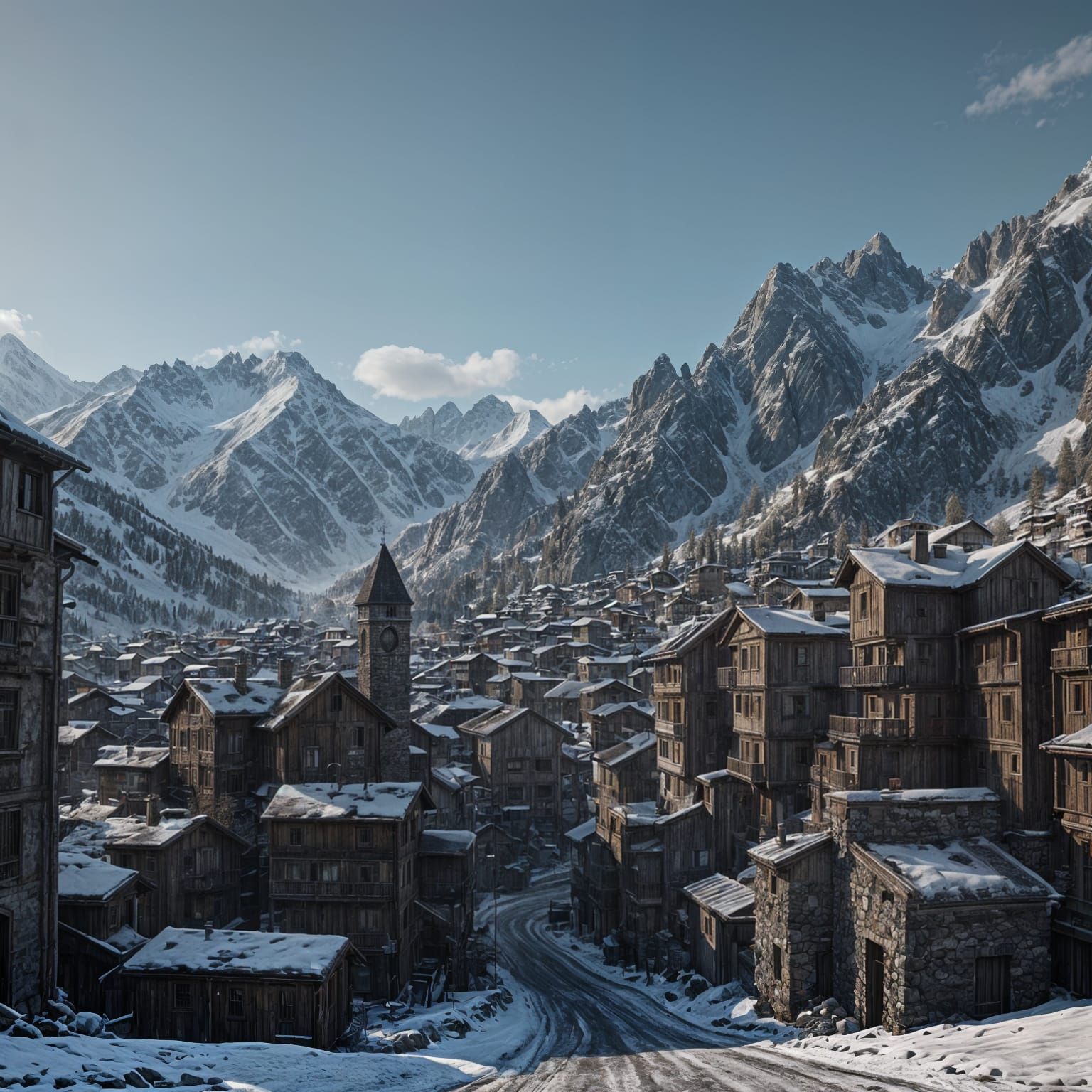 Mountain town in the Pyrenees covered with snow, rocky mount...
