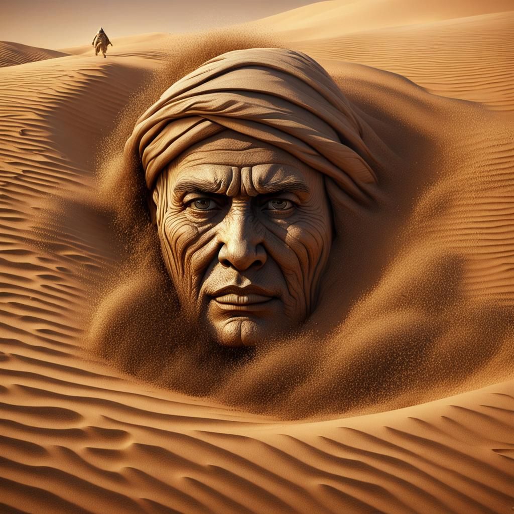 Beduin Face in Sand: Hyperrealistic 3D Art