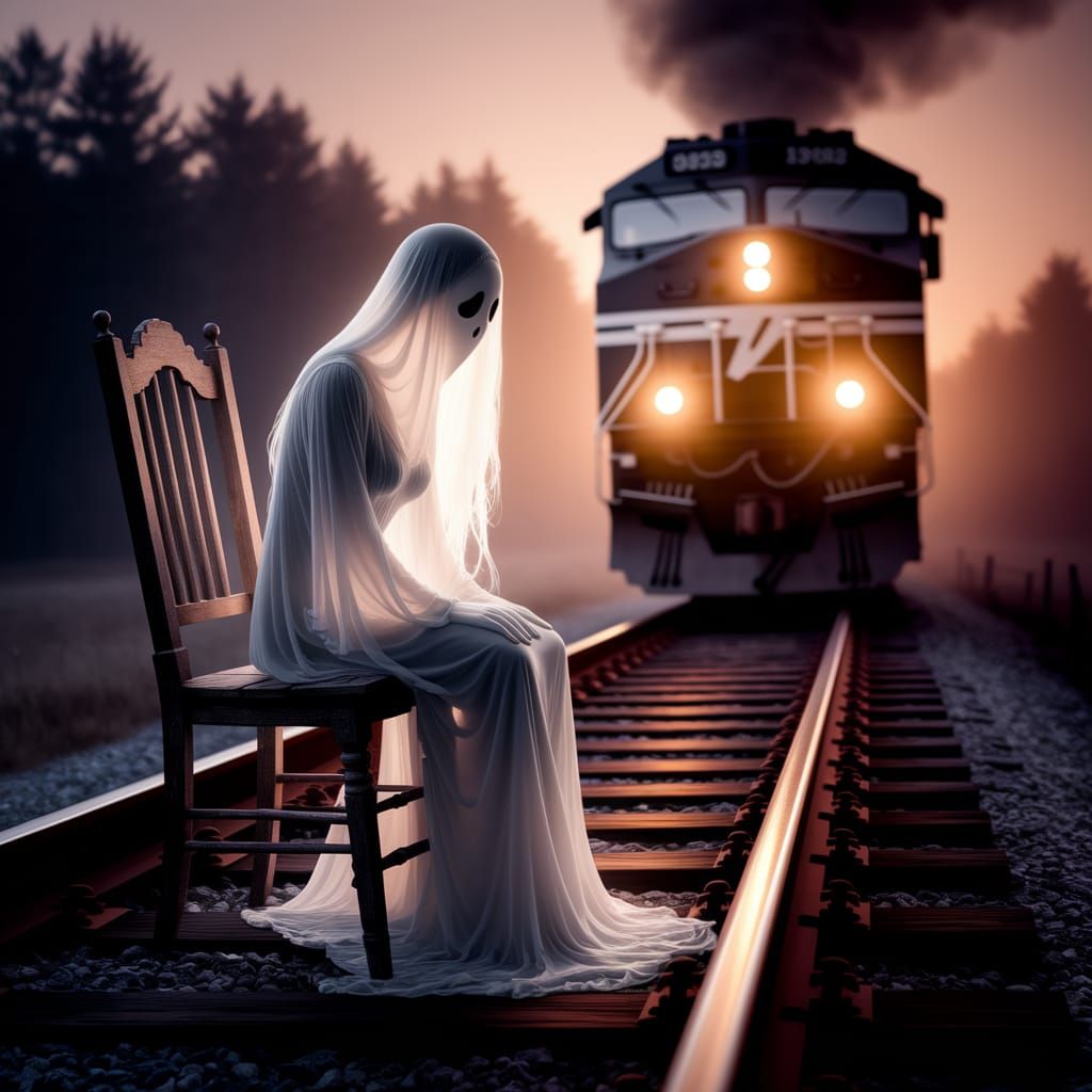 Ethereal Ghost on Railroad Tracks in Foggy Amber Light
