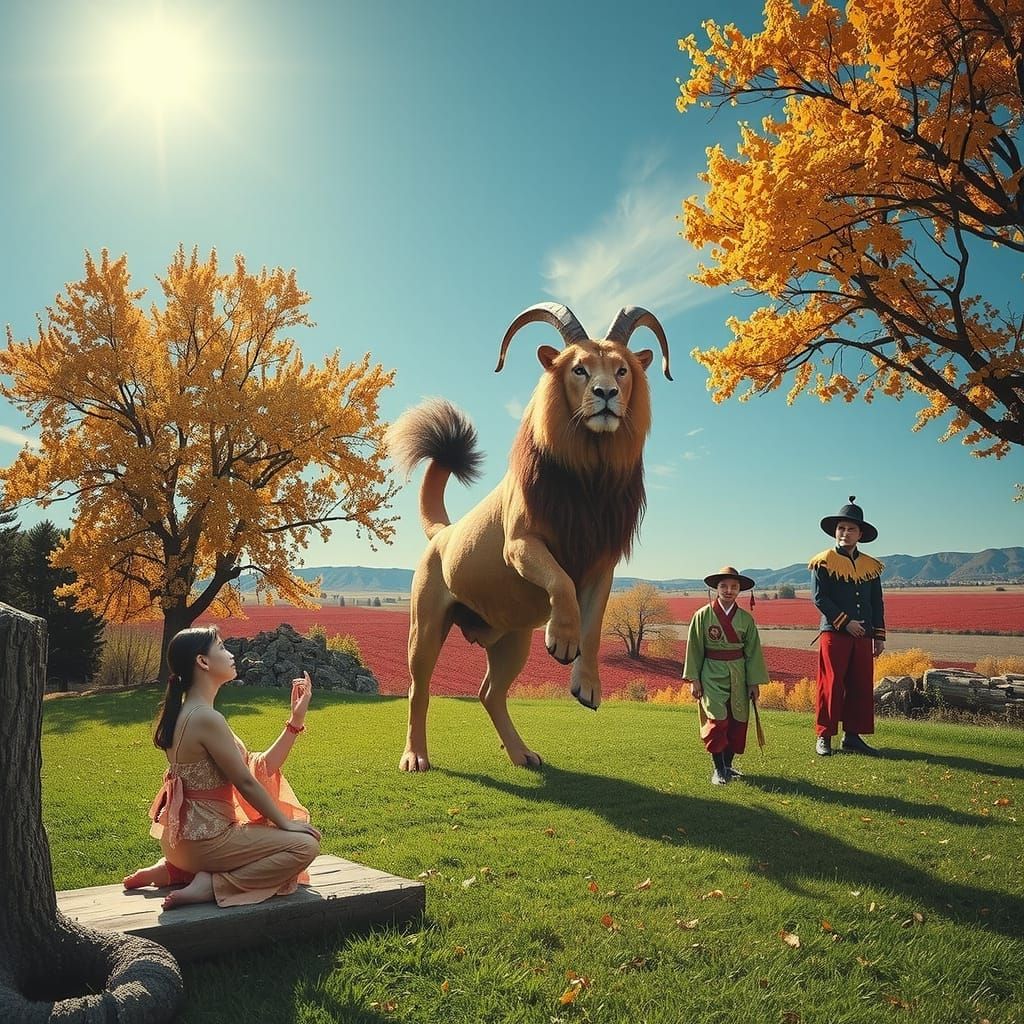 Mythical Chimera with Matador, Harlequin, and Geisha in Hype...