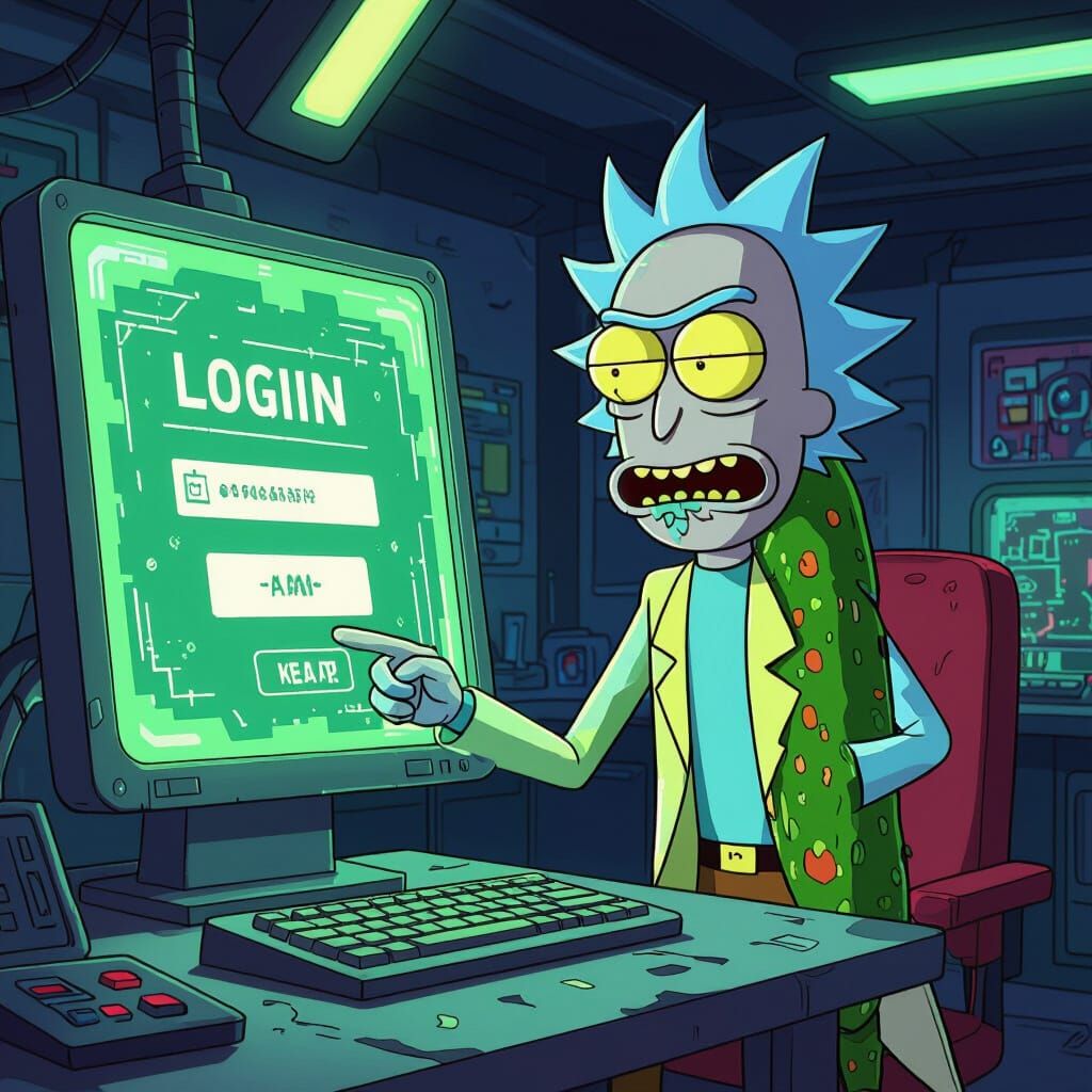 Pickle Rick Guards Login Prompt in Rick and Morty Style