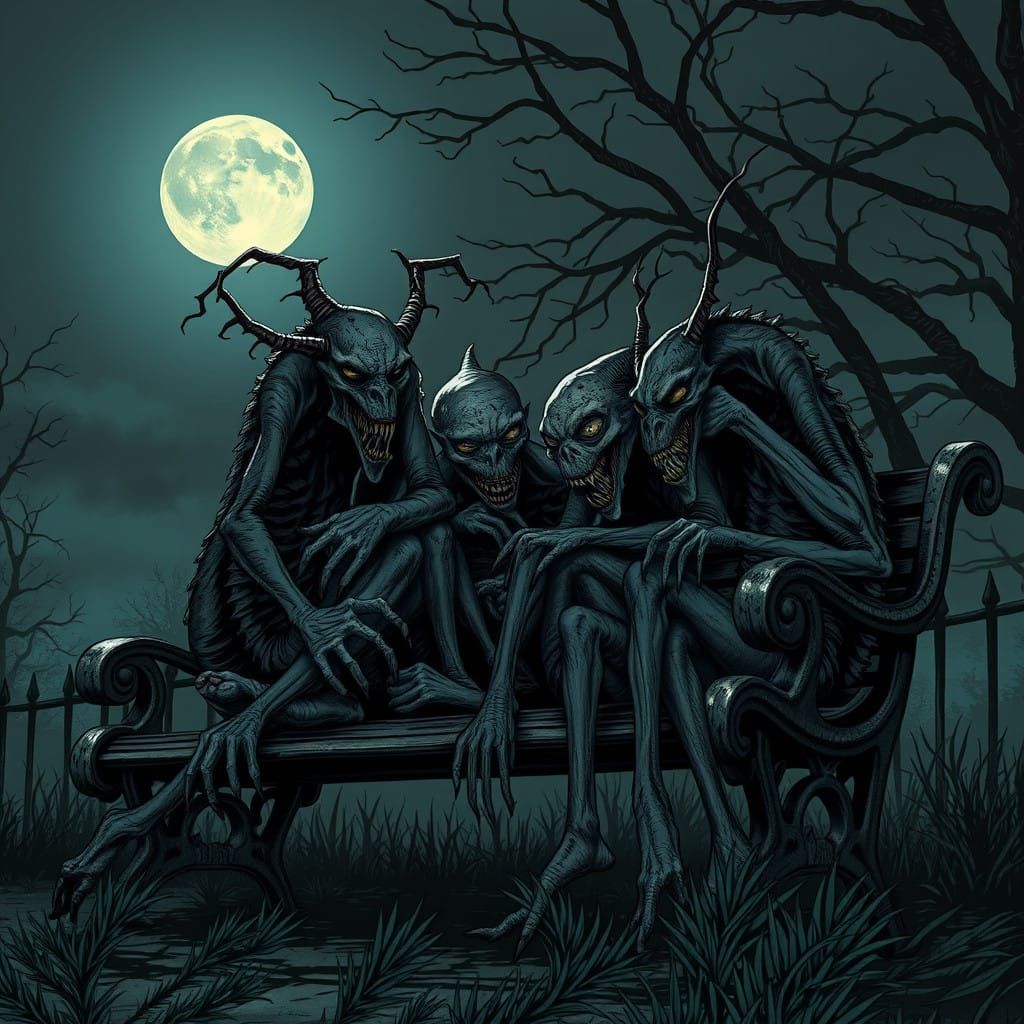 Sinister Creatures on a Haunting Park Bench