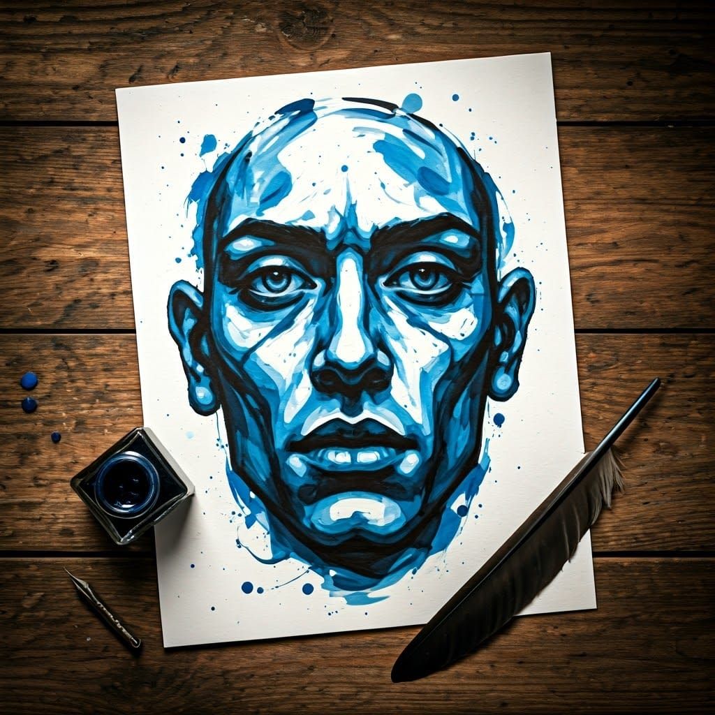 Expressionist Ink Portrait on Wooden Desk