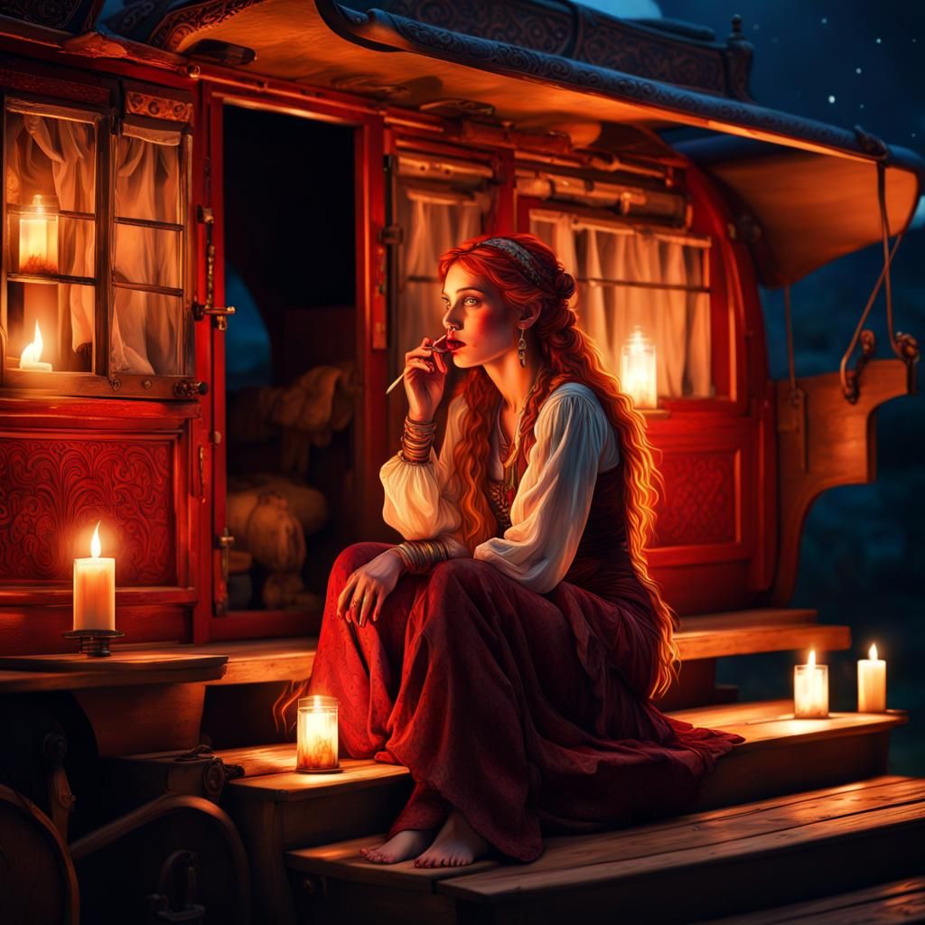 Gypsy Girl at Night in Exquisitely Crafted Wagon
