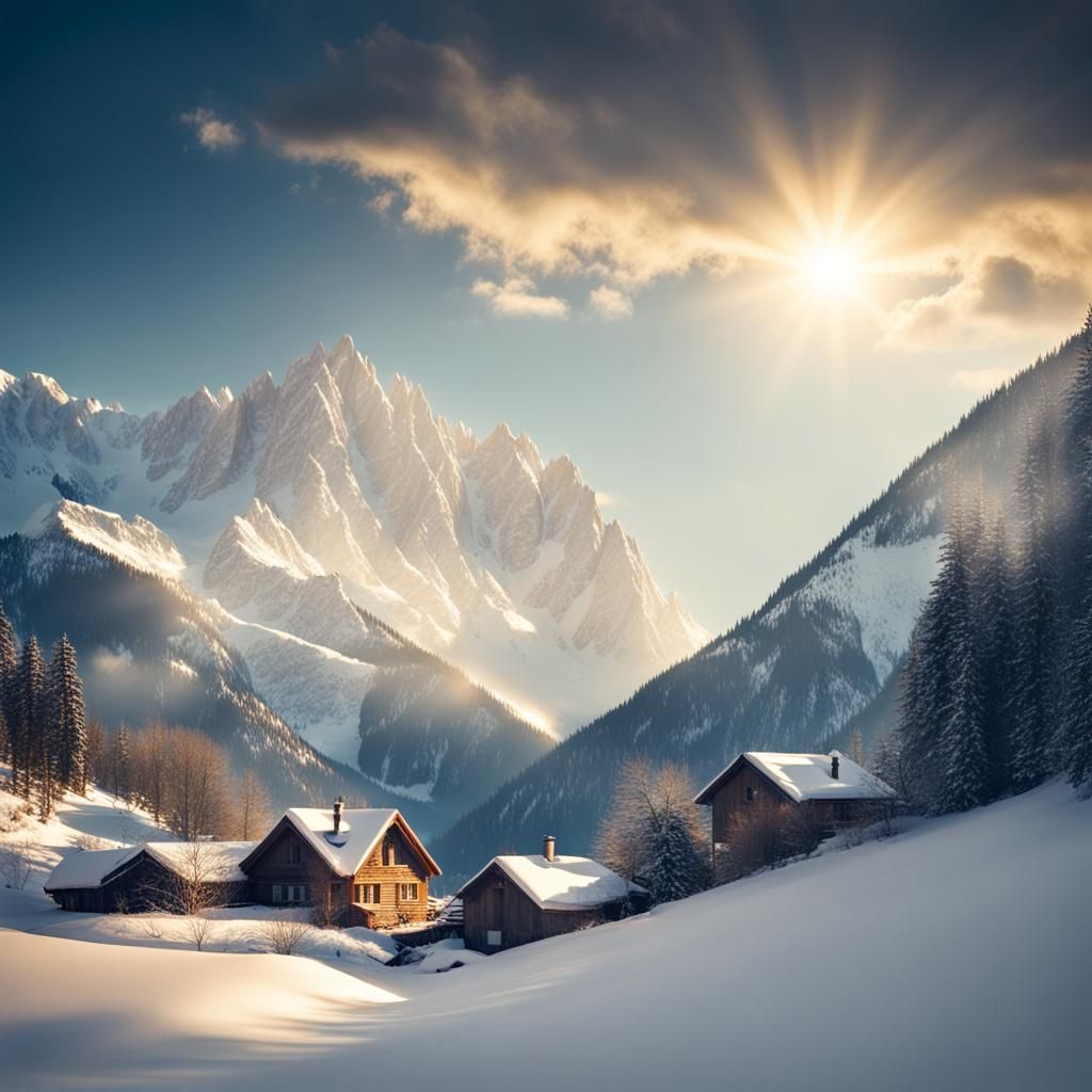 Ethereal Snowy Mountains and House in Sunlight