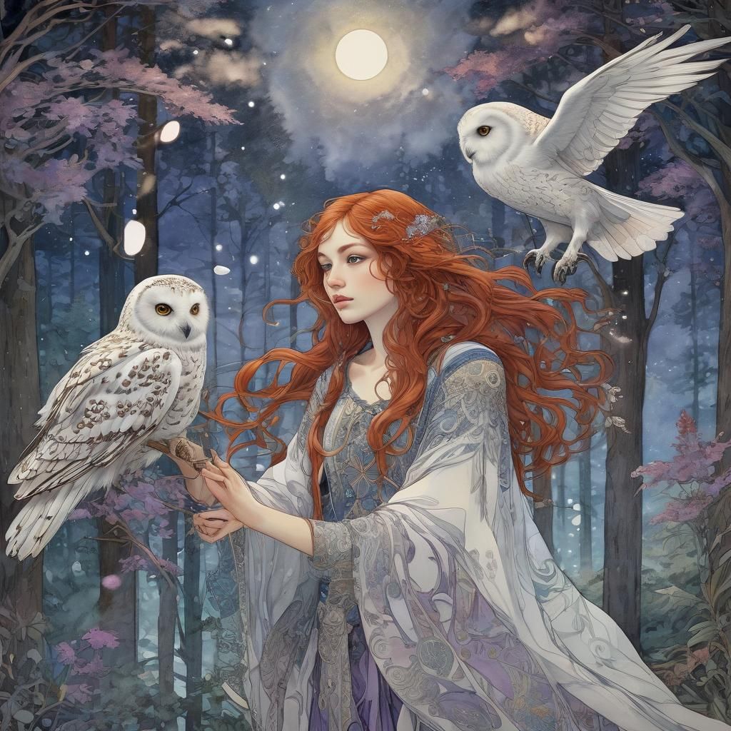 Girl with Owl in Summer Forest, Art Nouveau
