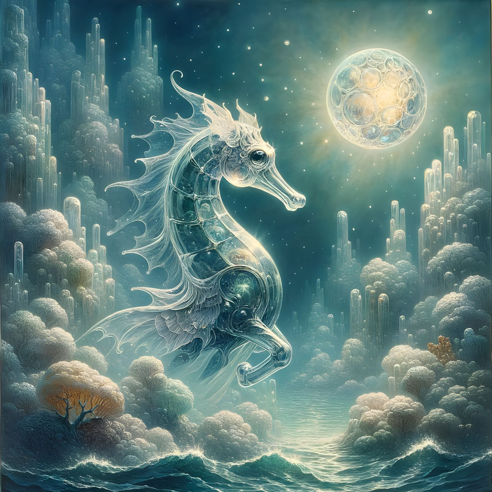 Glass Seahorse in Crystal Sea Under Celestial Moonlight
