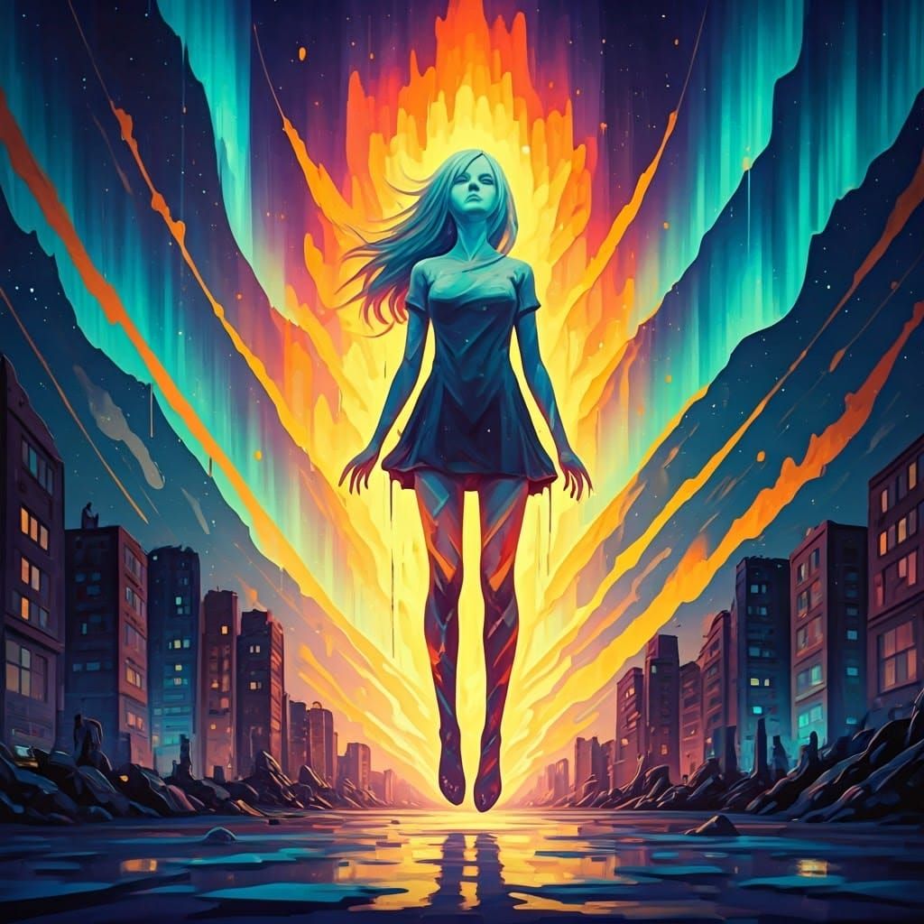 Girl Transforms into Aurora Borealis in Street Art Style