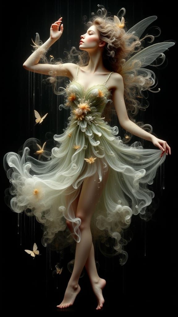 Dancing Fairy with Diamond Raindrops in Cinematic Style