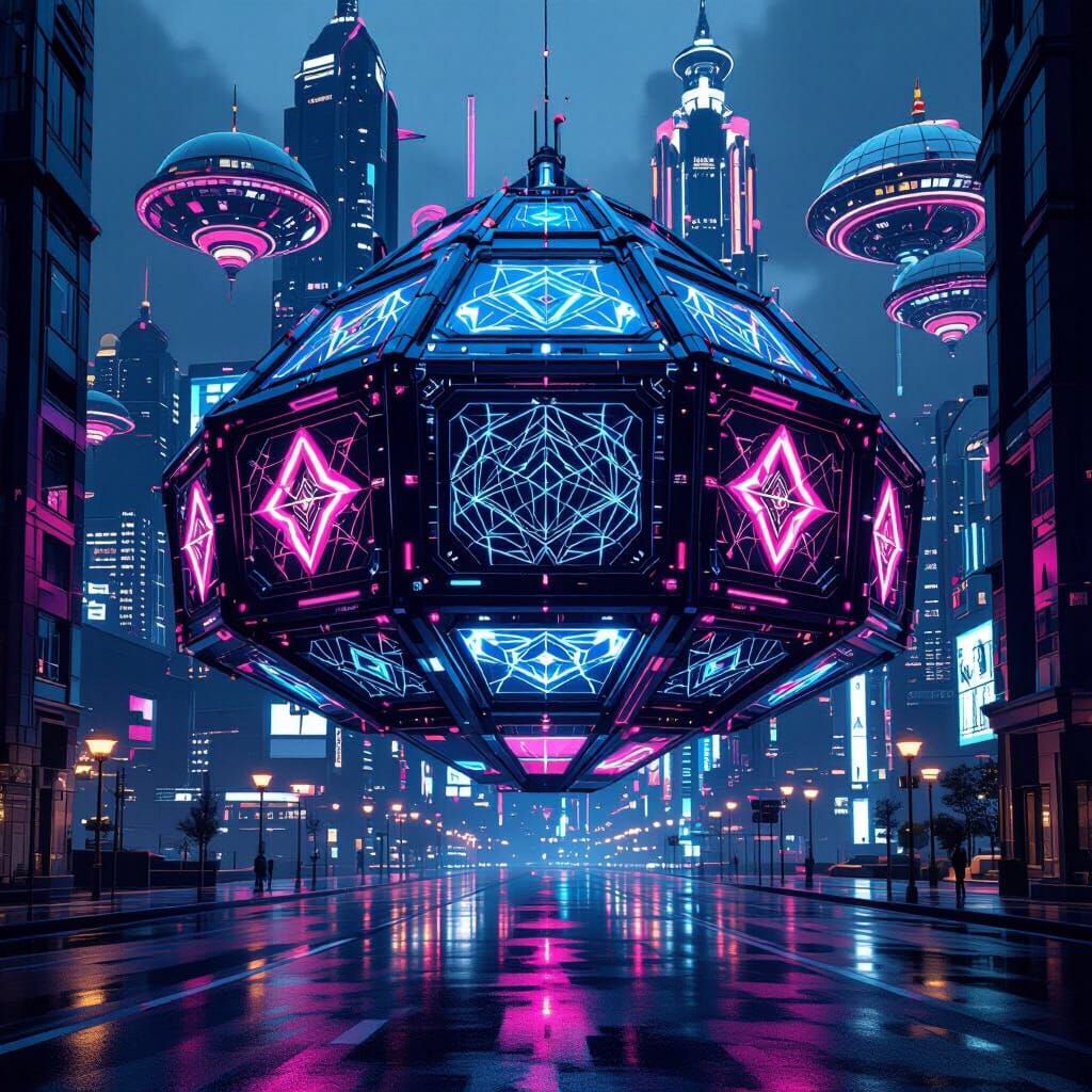 Futuristic Floating City with Neon Lights