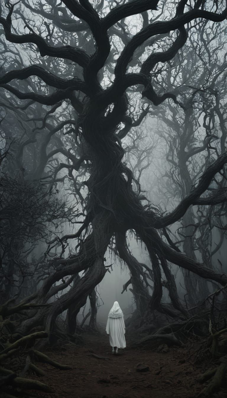Eerie Pale Figure in Gothic Horror Forest