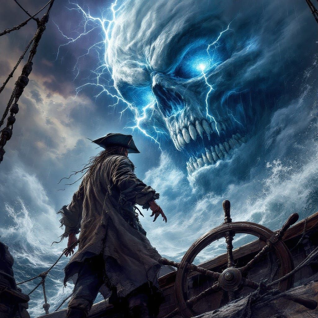 Pirate Captain Faces Colossal Storm in Dark Fantasy Style