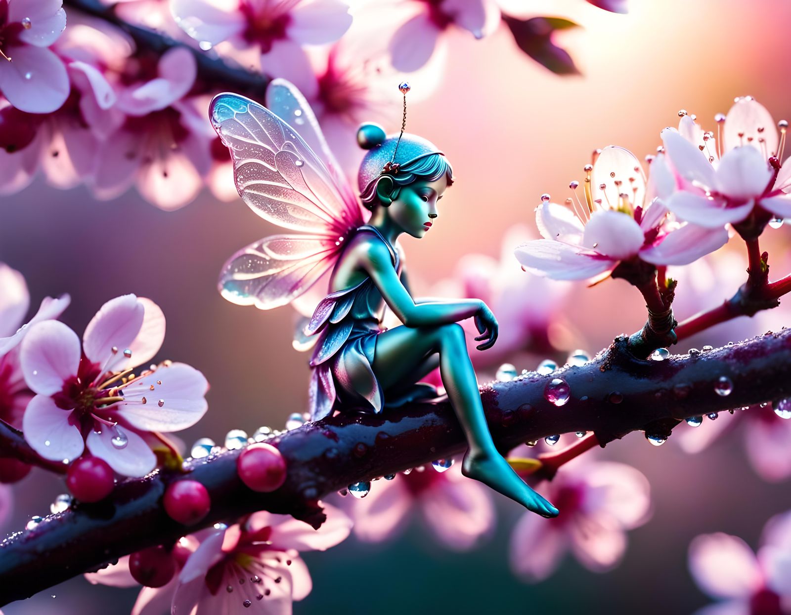 Living Fairy on Cherry Blossom in Macro Photography