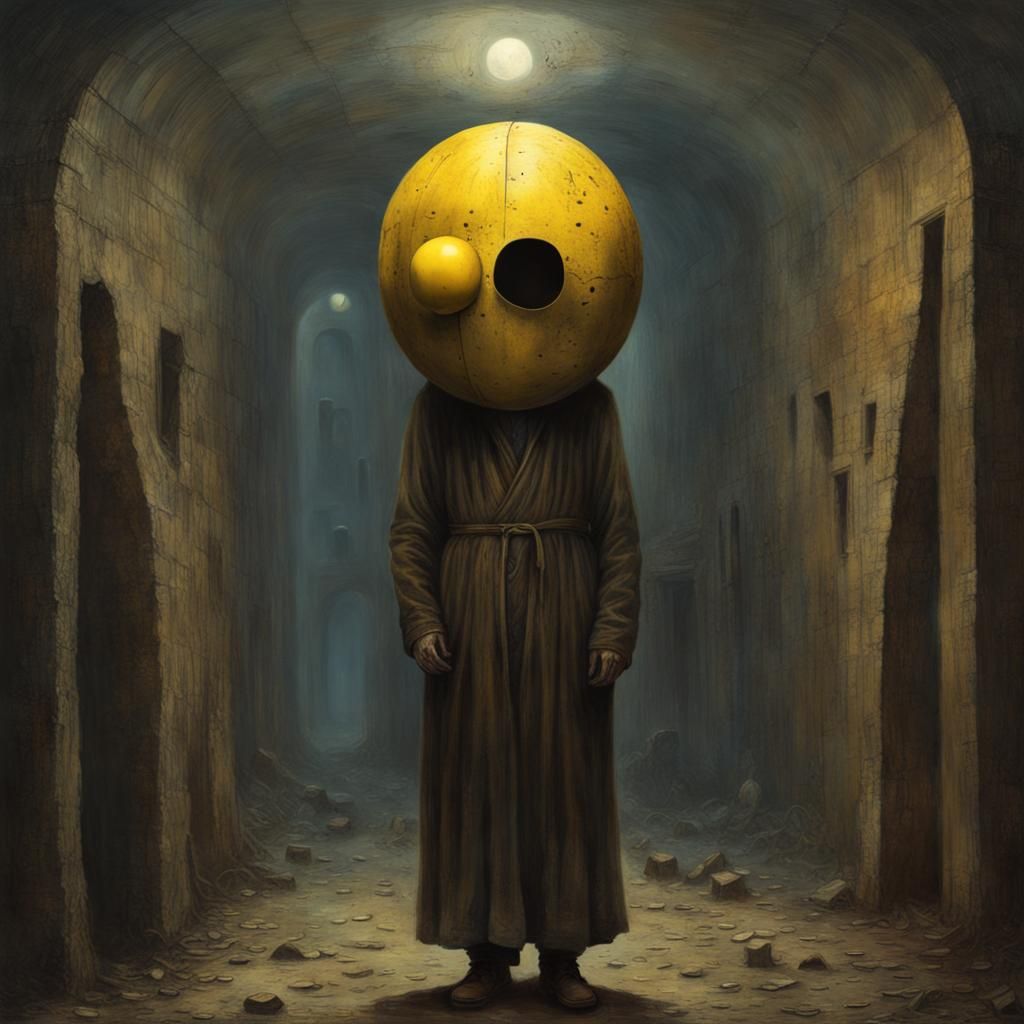 Horrifying Pac-Man Cultist in Surreal Horror Style