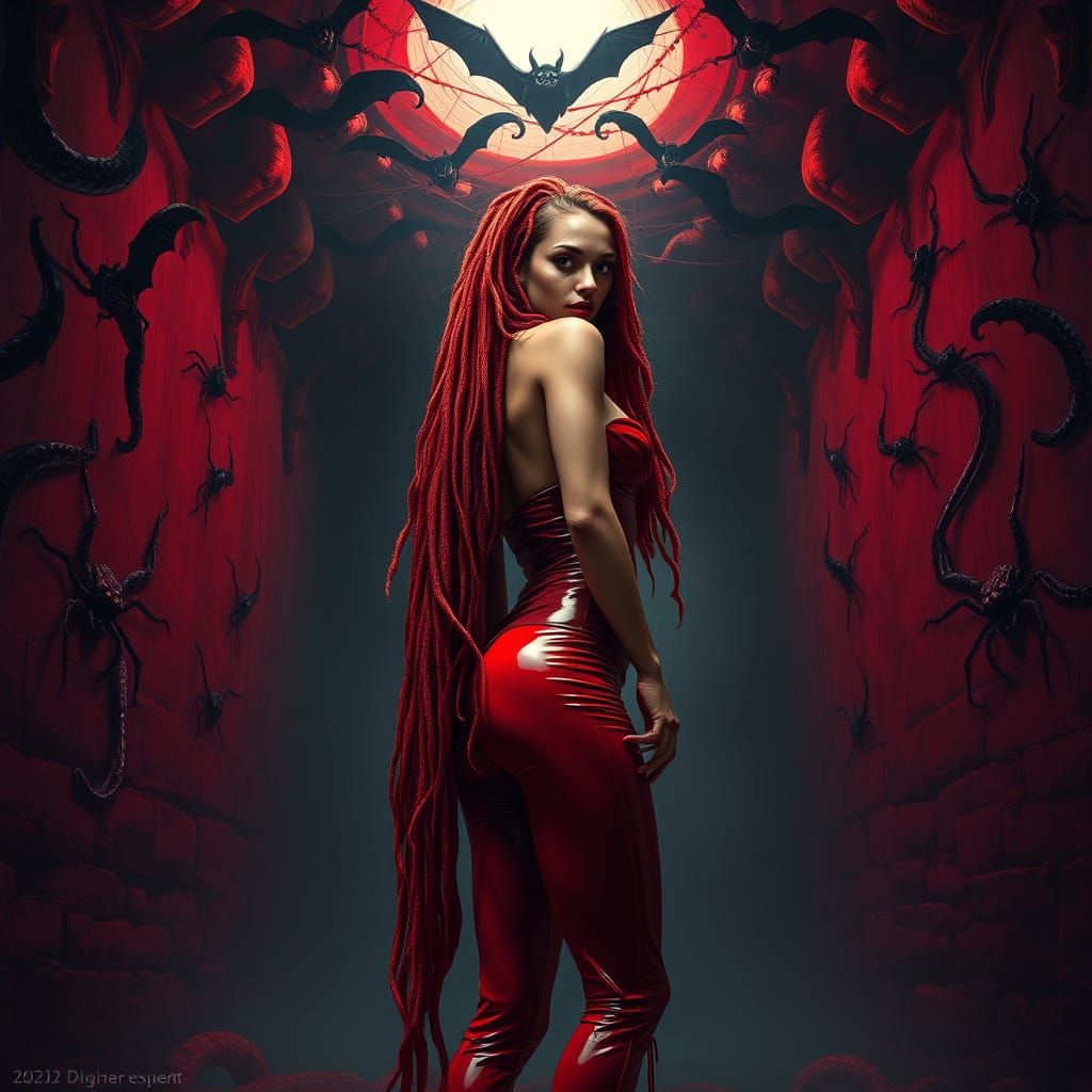 Gothic Goddess in Dark, Ominous Red Dungeon