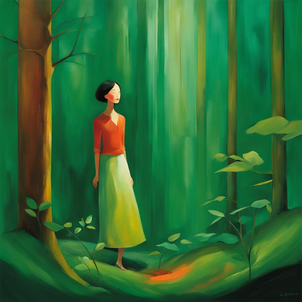 Emerald Forest Woman: Abstract Expressionist Illustration