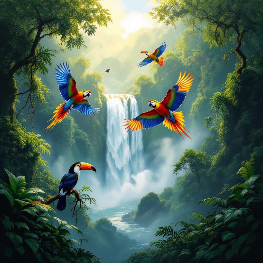 Tropical Birds in Rainforest Charcoal Drawing