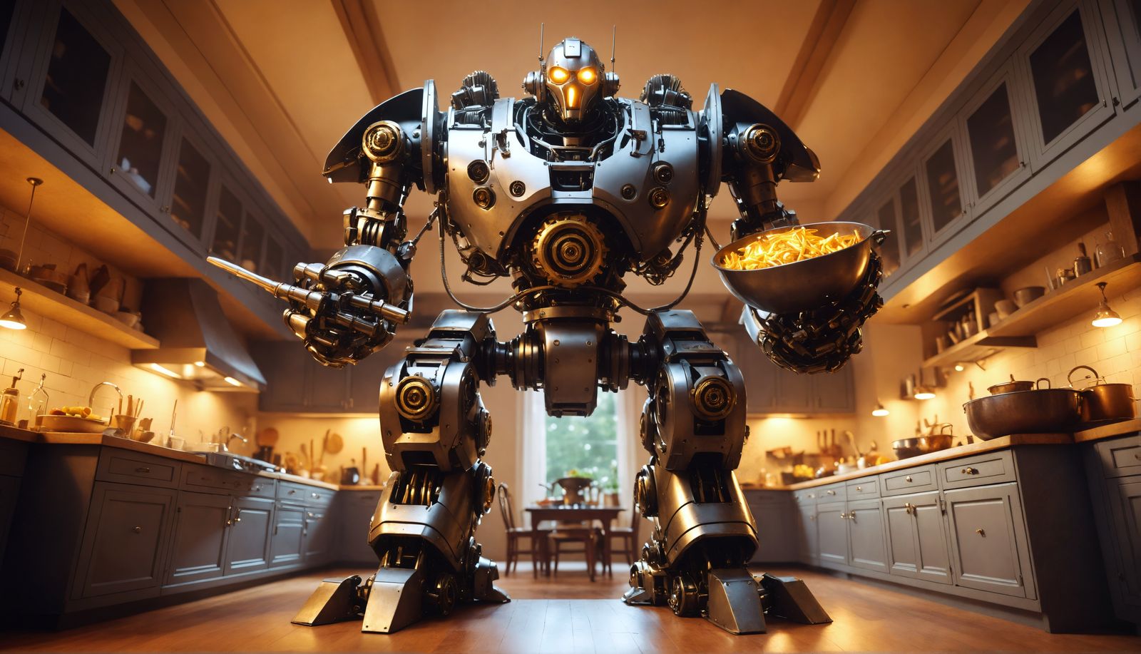 Visualize a towering war robot standing in a warm, homely kitchen. Massive in stature, with a body built of glinting ste...