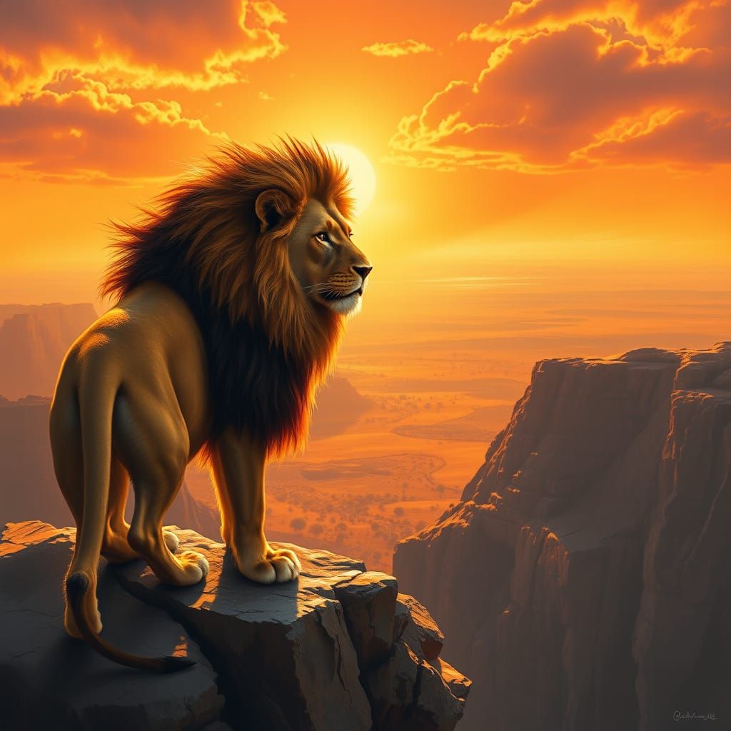 Fiery Lion Overlooking Savannah: Oil Painting Style