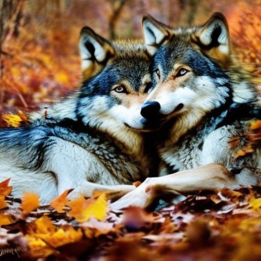 Wolves Snuggling in Autumn Forest at Sunset