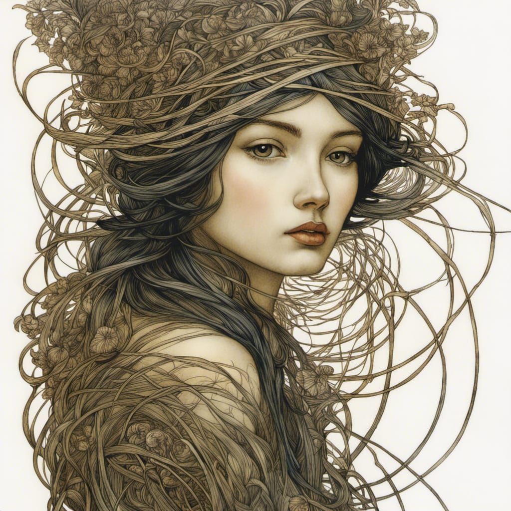 Entangled Girl in Organic Crosshatch Style