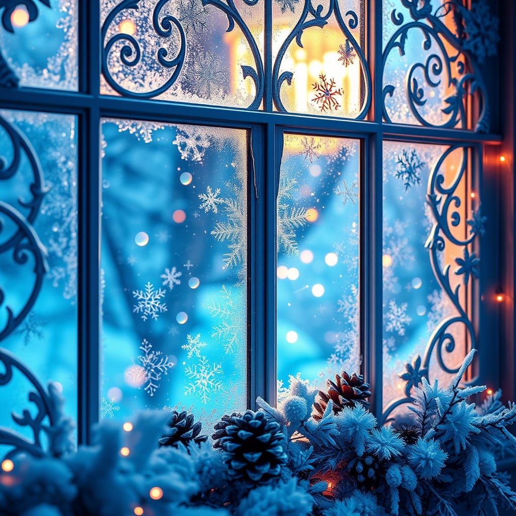 Ornate Frosty Window with New Year Decorations