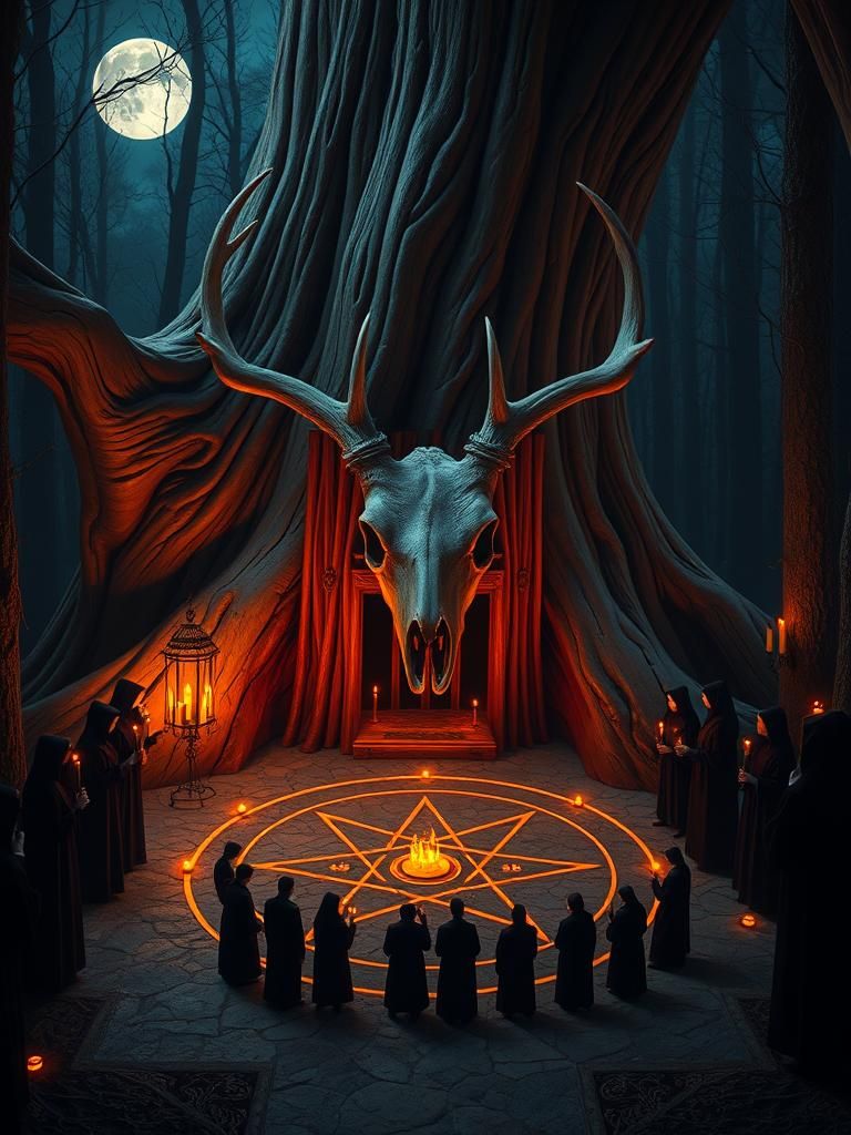 Surreal Architecture: Carved Tree, Deer Skull, and Cult