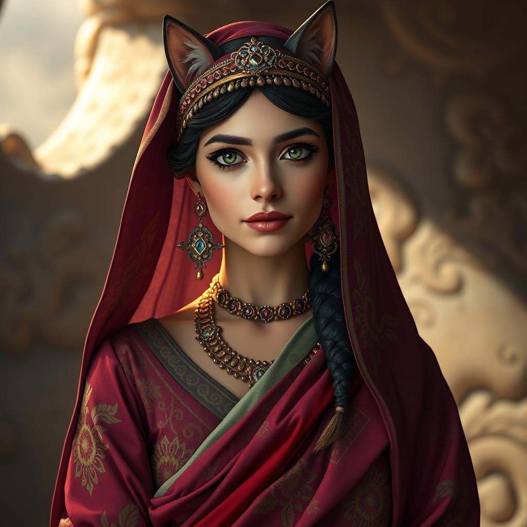 Linda mulher arabe usando óculos modelo gatinho moda da decada dos anos 1950, ambiente renascentista