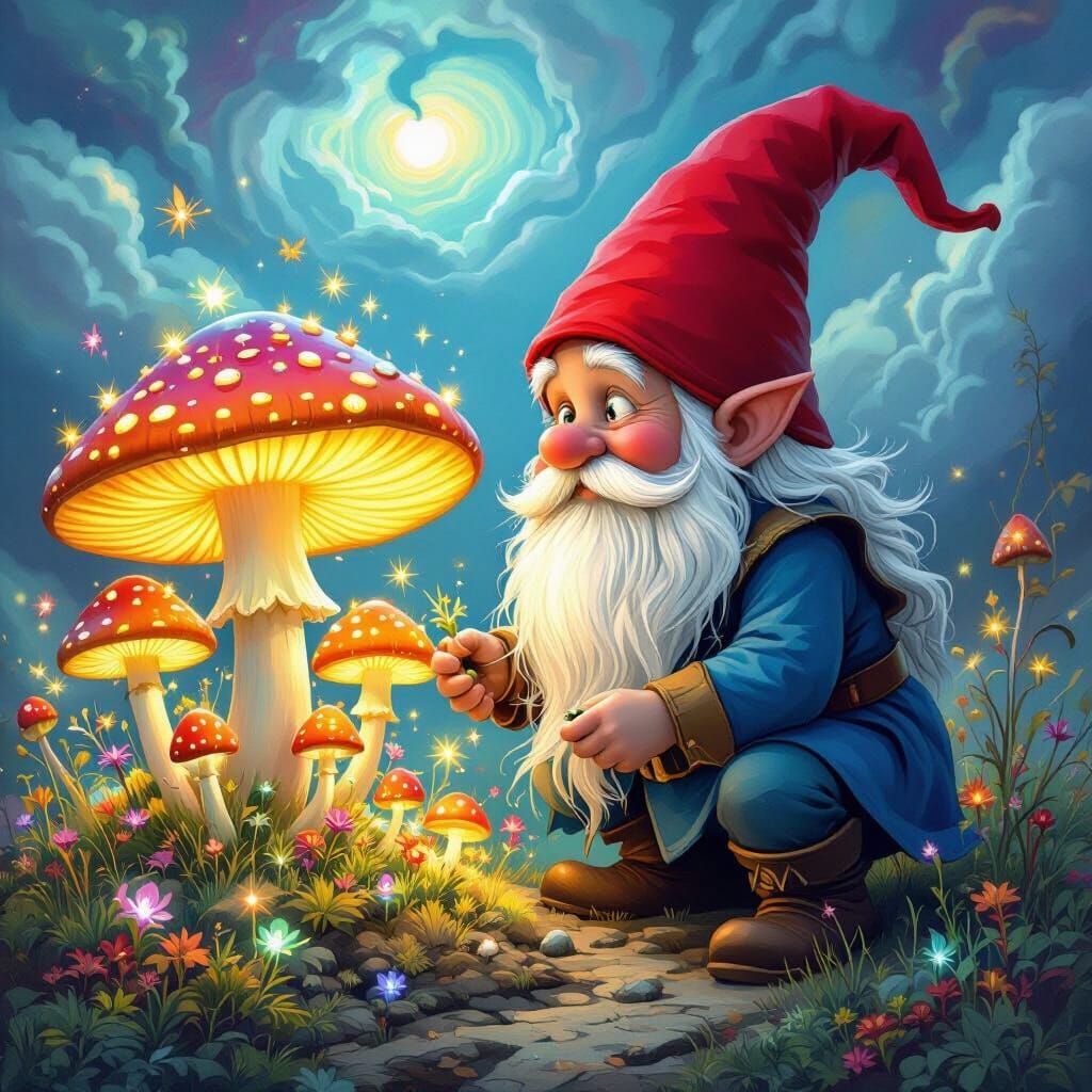 Whimsical Gnome Tends Psychedelic Mushroom Garden