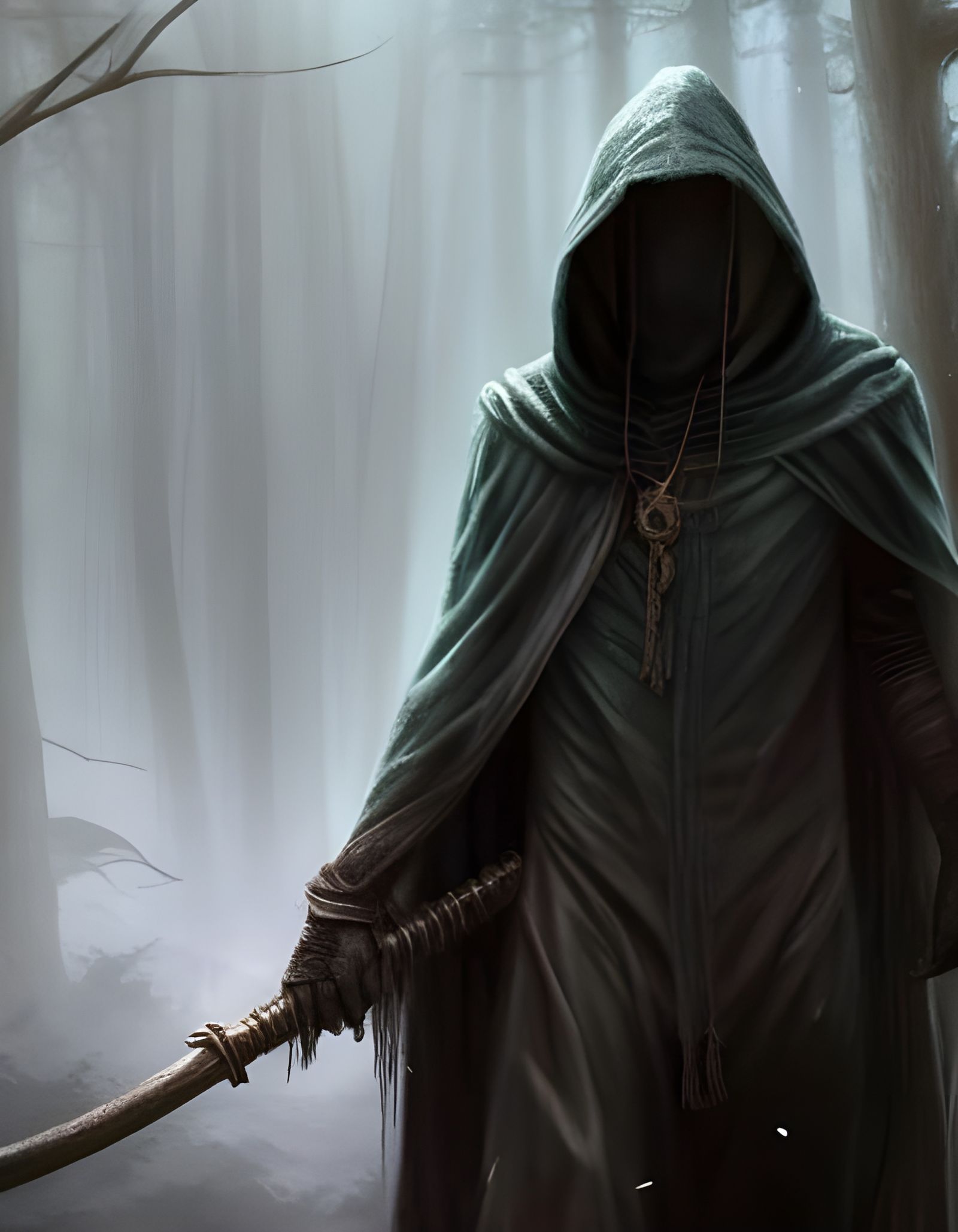 Hooded Figure in Rainy Forest: Dark Fantasy Art
