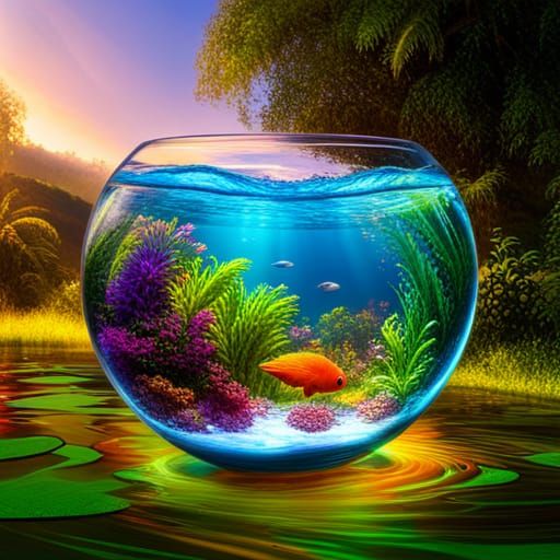 Neon Fish in Glass Bowl: Detailed Fantasy Art