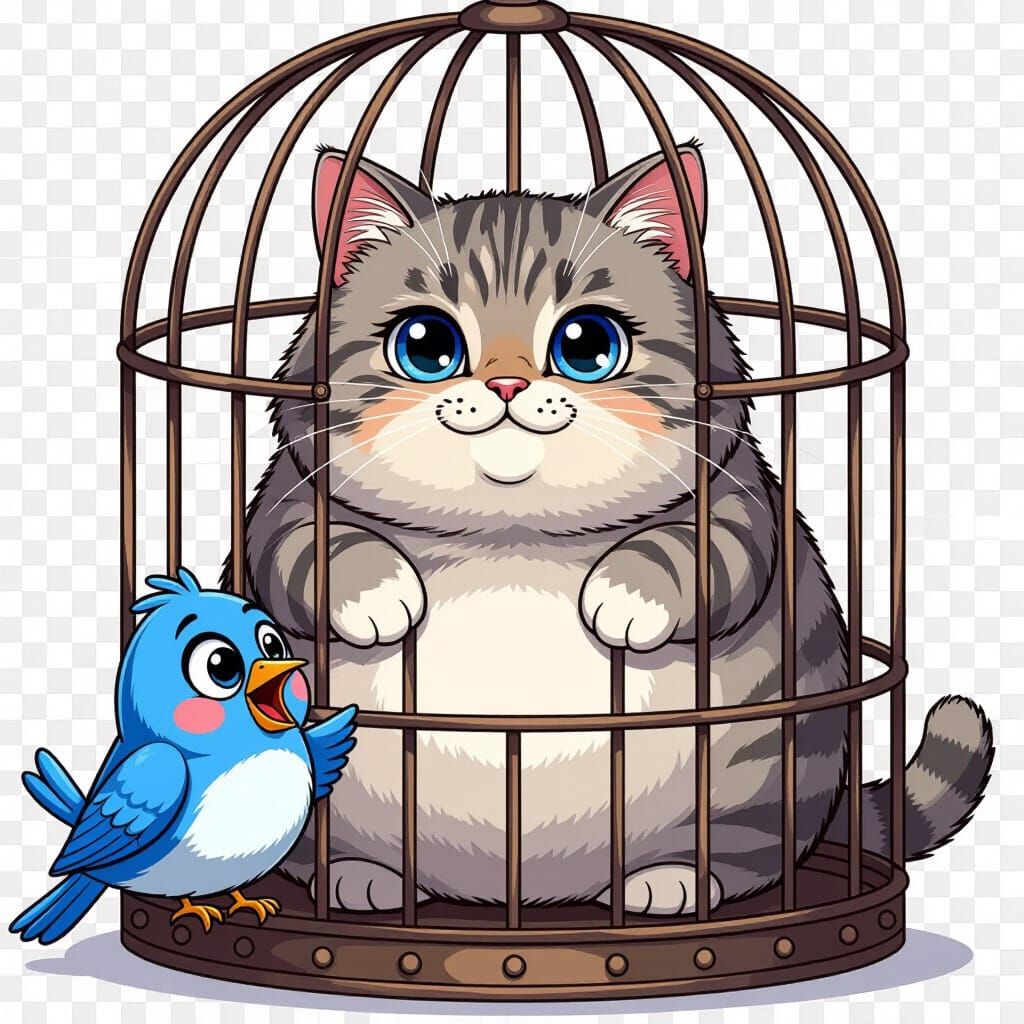 Chubby Grey Tabby Cat in Ornate Birdcage Children's Book Ill...
